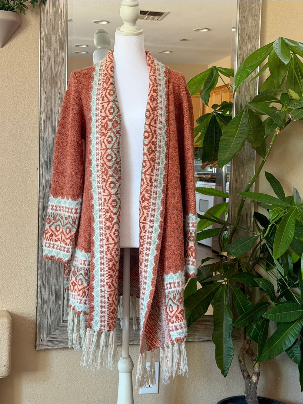 Angie Rust and Mint Knit Fringe Cardigan